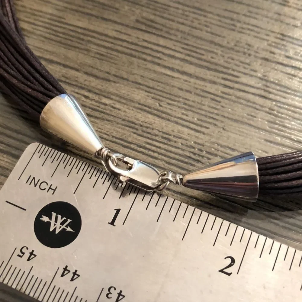 Waxed Brown Cord Necklace with Silver & Tigers Eye Beads, Sterling End Caps